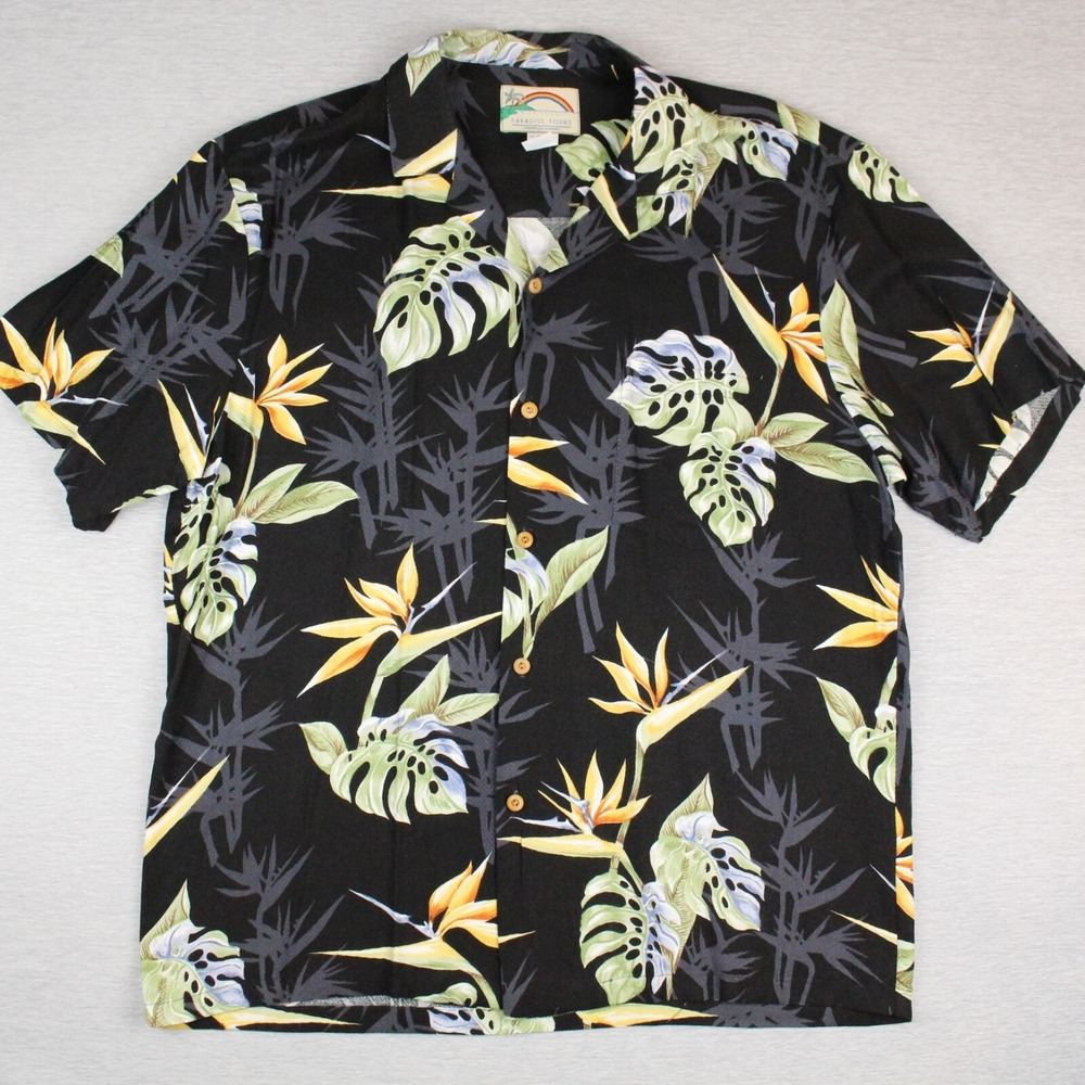 Paradise Found Rayon Hawaiian Shirt Mens Size L Black Floral Button Short Sleeve